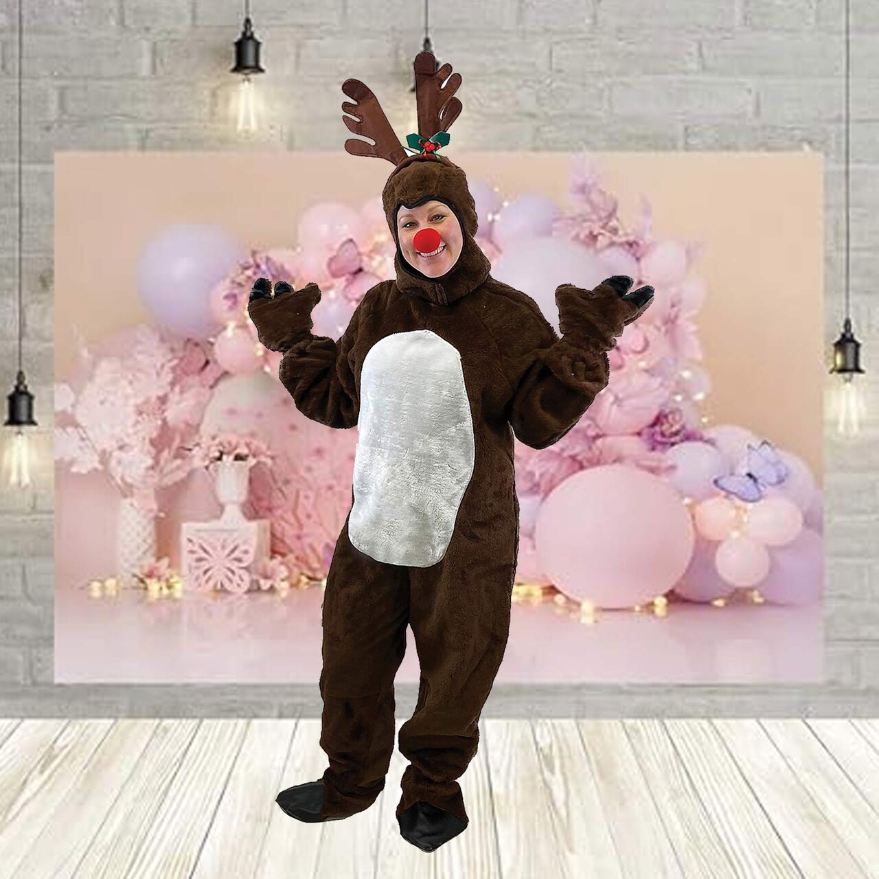 Womens Reindeer Suit with Hood Brown and White Plush with Antlers Red Nose and Mitts